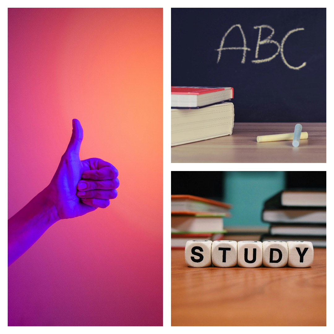 Collage of a hand with a thumbs up, the word study on dice-styled blocks, and ABC written on a blackboard with white chalk