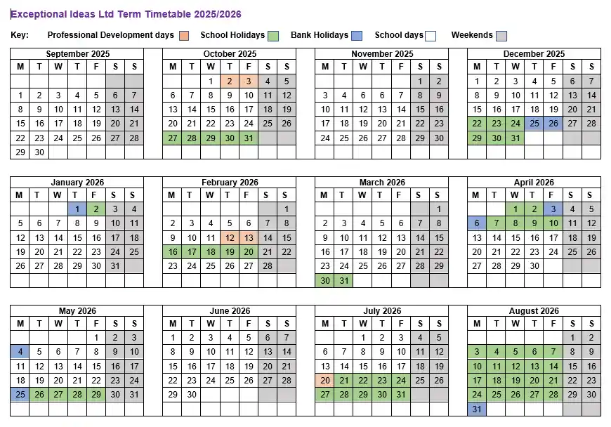 Exceptional Ideas Ltd Term Time Calender 2025-26